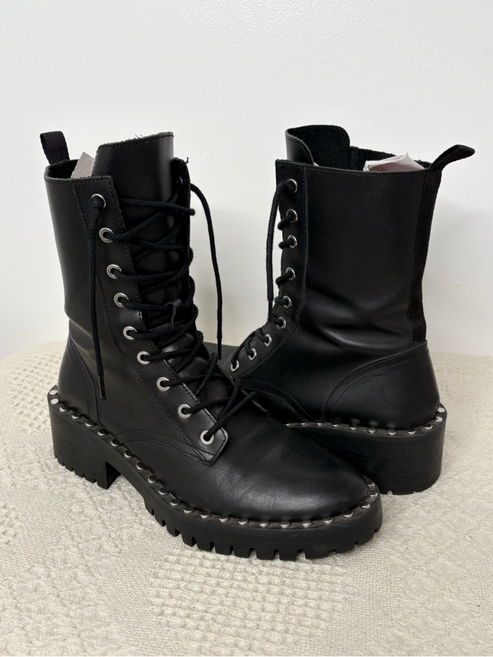 Zara Women’s Black Lace-Up Platform Combat Boots Studded